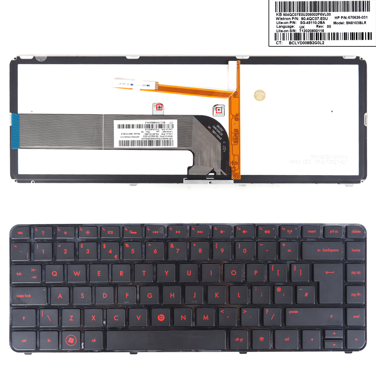 Picture of New Replacement Laptop Keyboard For HP DV4-3000 DV4-4000 GLOSSY FRAME BLACK(Red Printing,Backlit Version) Uk Layout
